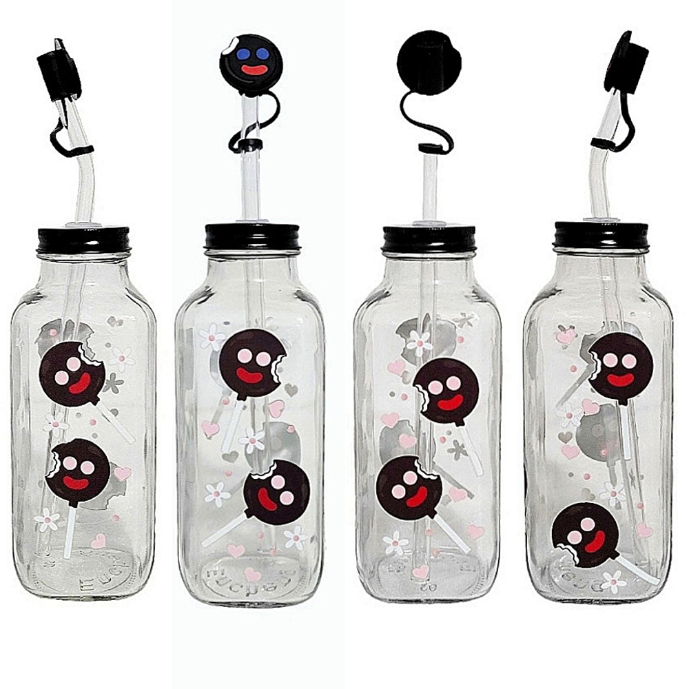 Paleta Payaso Glass Square Bottle Cup 16oz Mexican Candy Design Glass Straw